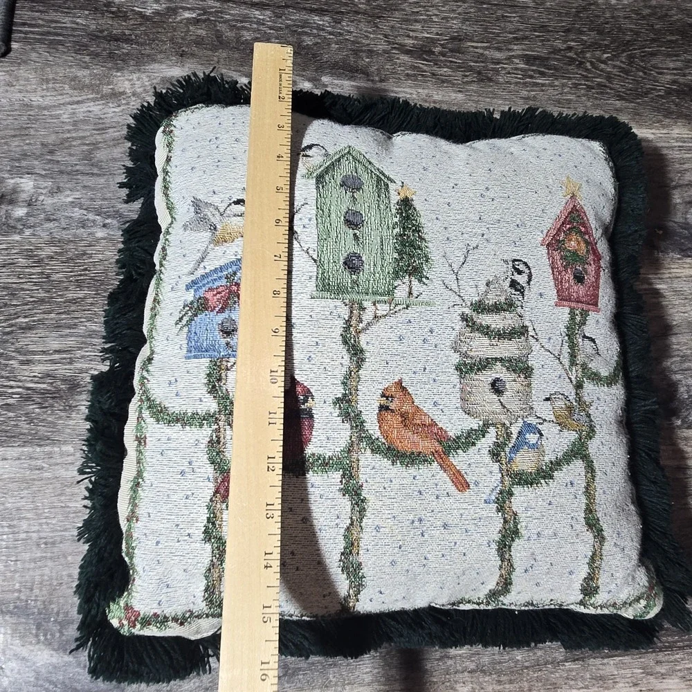 Vintage Christmas Cardinal Birdhouse Tapestry Throw Pillow Fringe Cottagecore